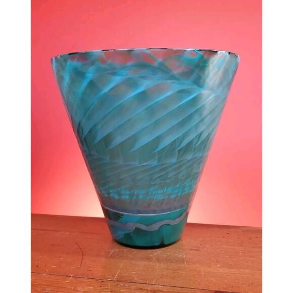 Murano Aquamarine Swirl Ocean Glass Vase Green Vintage Rare Labeled Italy Bowl - Picture 3 of 11